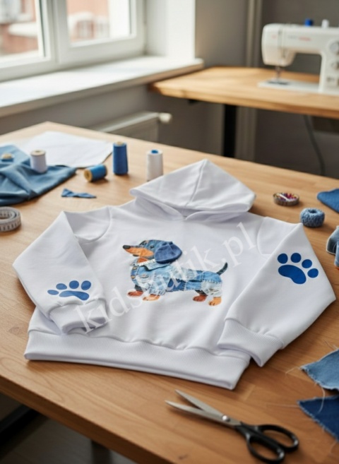 Bluza z kapturem York jeans patchwork - biała