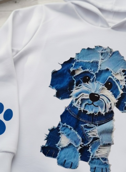 Bluza z kapturem York jeans patchwork - biała