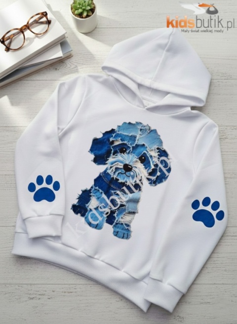 Bluza z kapturem York jeans patchwork - biała