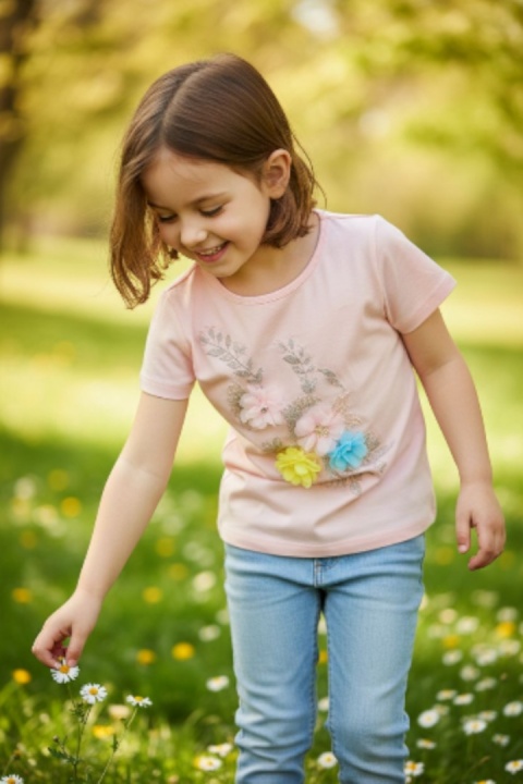 Bluzka z haftem i kwiatami 3D - różowa