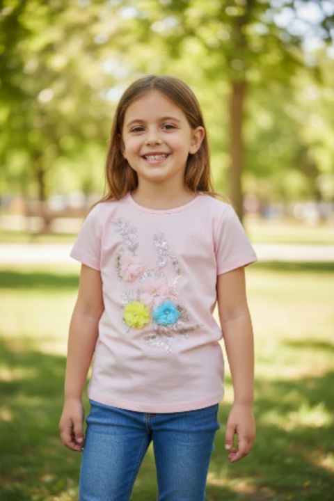 Bluzka z haftem i kwiatami 3D - różowa