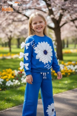 Dres premium z kwiatowym nadrukiem, broszką i kokardkami - chaber