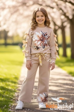 Dres premium z kwiatowym nadrukiem i kokardkami - beż