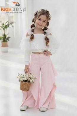Eleganckie spodnie dzwony SELEMA z kaskadowymi falbanami - różowe