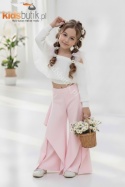 Eleganckie spodnie dzwony SELEMA z kaskadowymi falbanami - różowe