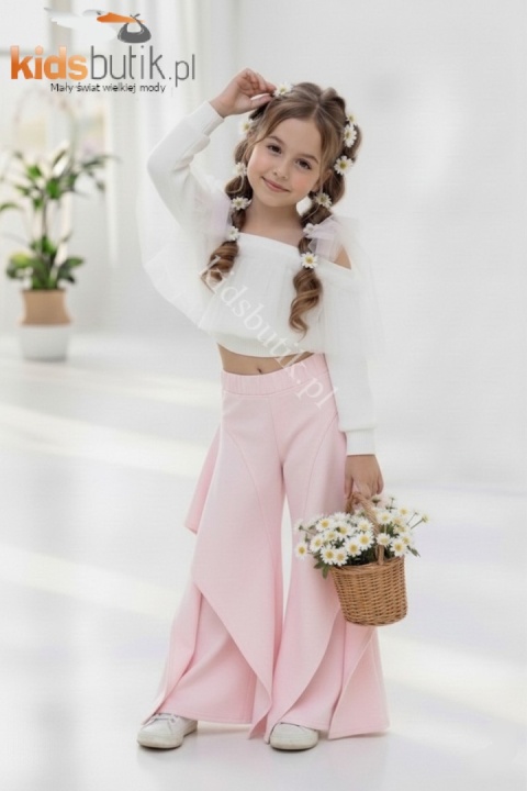 Eleganckie spodnie dzwony SELEMA z kaskadowymi falbanami - różowe