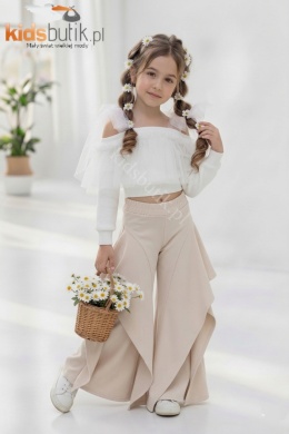 Eleganckie spodnie dzwony SELEMA z kaskadowymi falbanami - beżowe