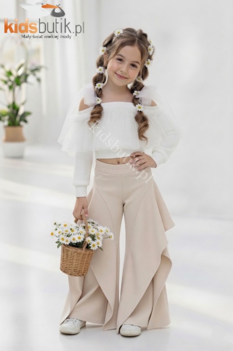 Eleganckie spodnie dzwony SELEMA z kaskadowymi falbanami - beżowe