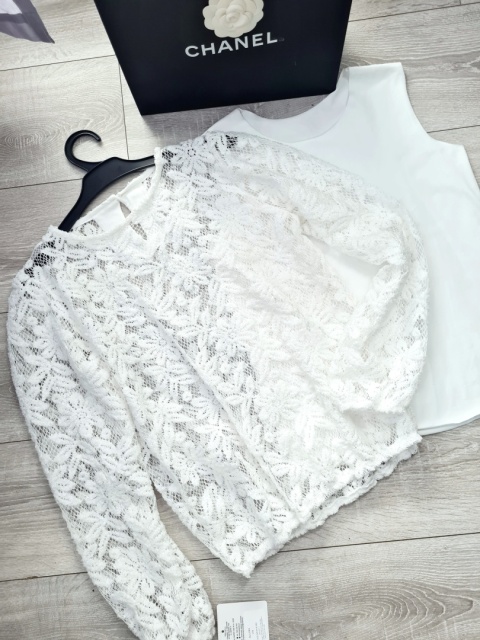 Elegancka, koronkowa bluzka bliźniak z topem - ecru