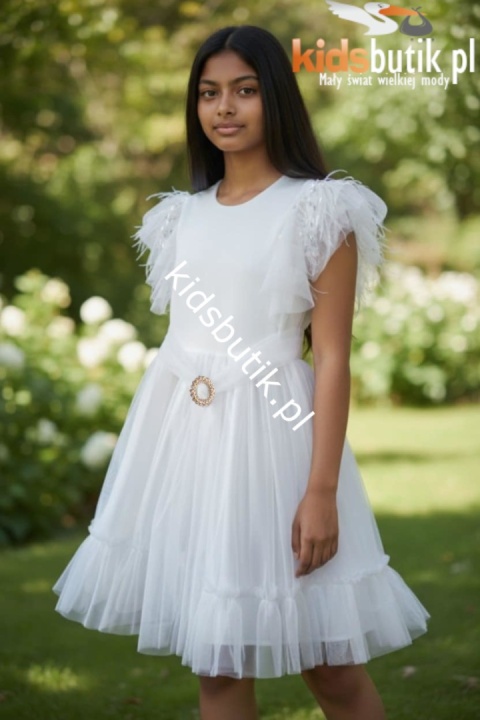 Elegancka sukienka z piórkami i złotą klamrą z cyrkoniami - ecru