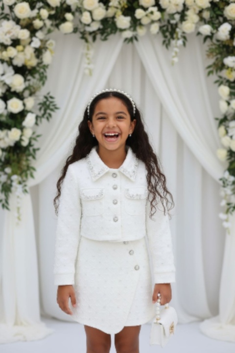 Elegancki garnitur ze spódnicą i z perełkami - biały