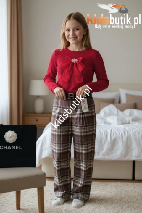 Eleganckie, ciepłe spodnie wizytowe w kratę z paskiem w komplecie - czekolada Eleganckie, ciepłe spodnie wizytowe w kratę z paskiem w komplecie - czekolada