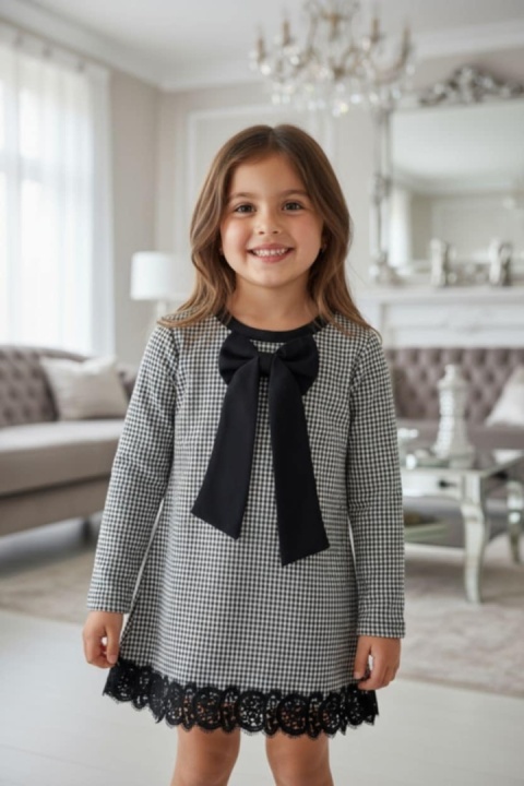 Okolicznościowa sukienka PEPITKA z kokardą na przodzie