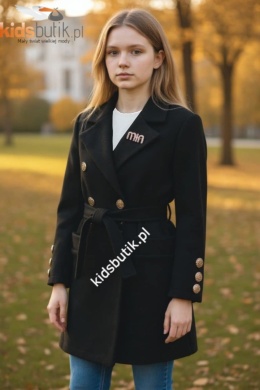 Płaszczyk flauszowy przejściowy z ozdobną broszką wiosna/jesień - czarny