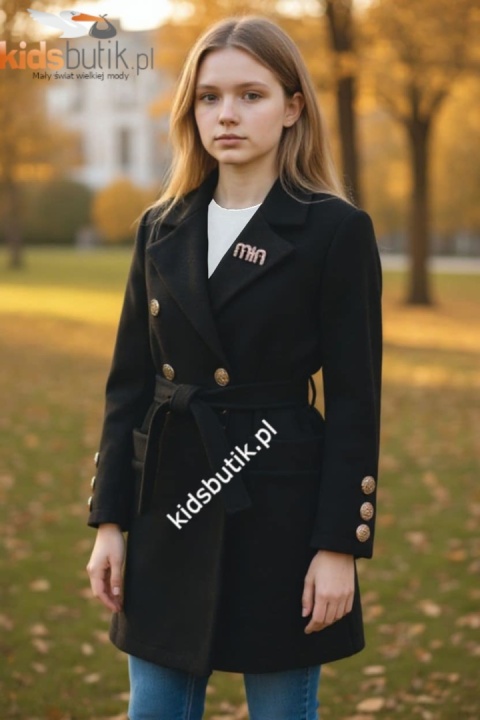 Płaszczyk flauszowy przejściowy z ozdobną broszką wiosna/jesień - czarny Płaszczyk flauszowy przejściowy z ozdobną broszką wiosna/jesień - czarny