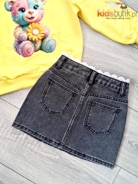 Spódniczka jeansowa z Cyrkoniami i Koronką - czarny jeans