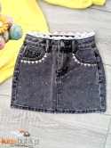 Spódniczka jeansowa z Cyrkoniami i Koronką - czarny jeans
