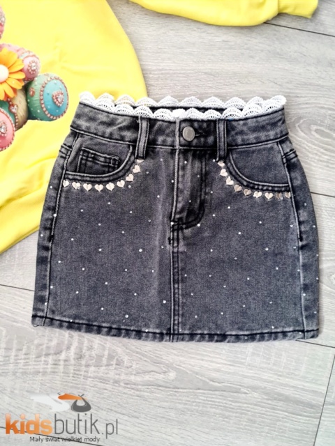 Spódniczka jeansowa z Cyrkoniami i Koronką - czarny jeans