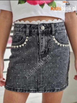Spódniczka jeansowa z Cyrkoniami i Koronką - czarny jeans