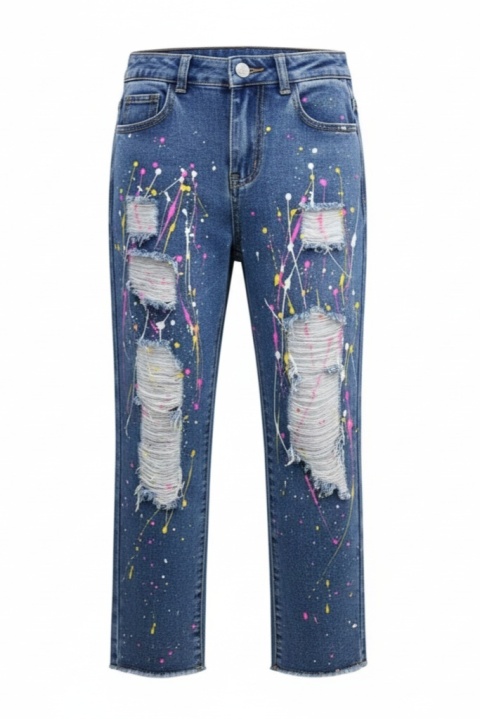 Spodnie jeans boyfriend z przetarciami nakrapiane - niebieskie