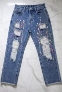 Spodnie jeans boyfriend z przetarciami nakrapiane - niebieskie