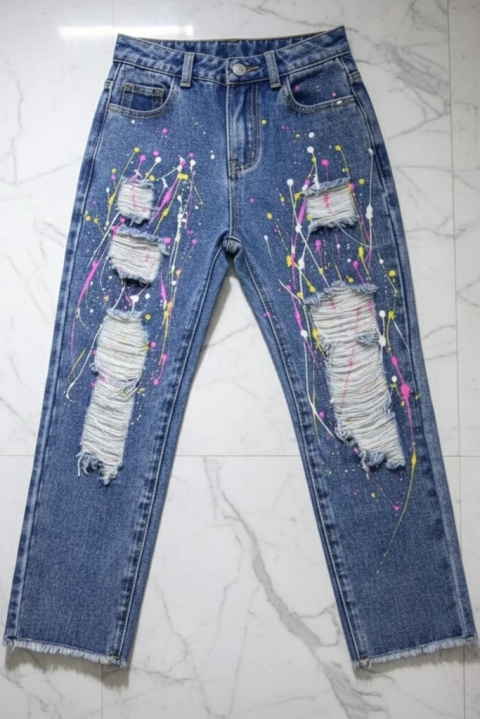 Spodnie jeans boyfriend z przetarciami nakrapiane - niebieskie