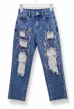 Spodnie jeans boyfriend z przetarciami nakrapiane - niebieskie