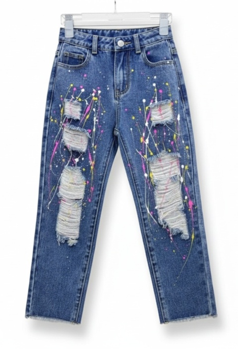 Spodnie jeans boyfriend z przetarciami nakrapiane - niebieskie