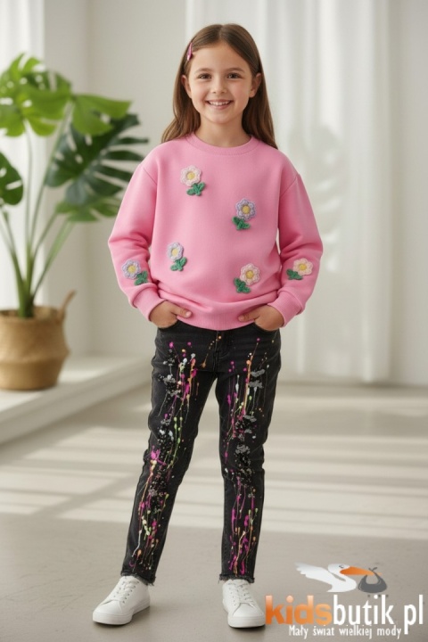 Spodnie jeans rurki z przetarciami nakrapiane - czarny