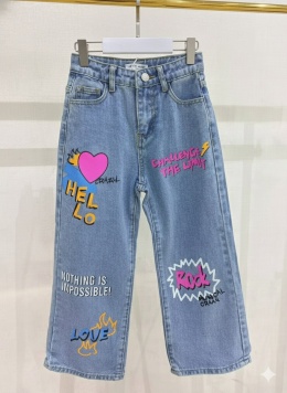 Spodnie jeansowe z kolorowymi nadrukami w stylu STREET ART. - niebieskie