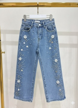 Spodnie jeansowe z perełkami, cyrkoniami i kwiatami 3D - niebieskie