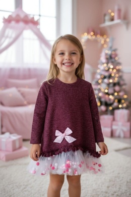 Sukienka POMPONIKI, KOKARDA I TIUL - bordo melanż