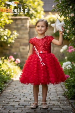 Welurowa sukienka z cekinami, kwiatem i tiulowymi falbankami - czerwona
