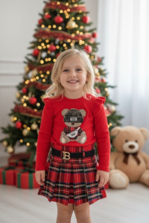 Zestaw Miś: sweterek z falbankami i spódniczka kratka z paskiem - czerwony