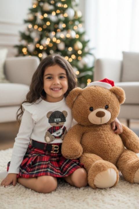 Zestaw Miś: sweterek z falbankami i spódniczka kratka z paskiem - ecru