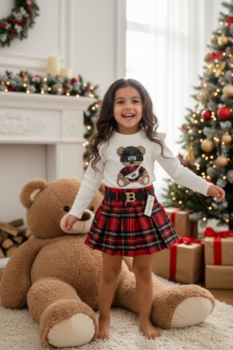 Zestaw Miś: sweterek z falbankami i spódniczka kratka z paskiem - ecru