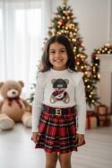 Zestaw Miś: sweterek z falbankami i spódniczka kratka z paskiem - ecru