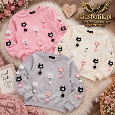 Bluza dziewczęca CUTE CATS z przyszywanymi kotkami – róż