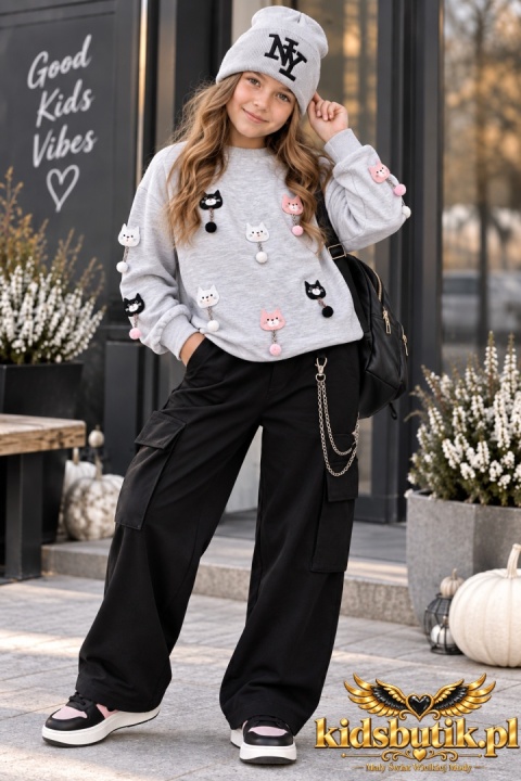 Bluza dziewczęca CUTE CATS z przyszywanymi kotkami – szara