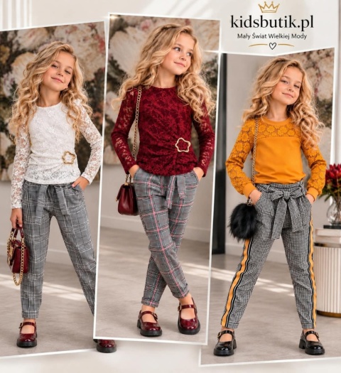 Elegancko sportowe spodnie w pepitkę z ozdobnym lampasem i kokardą