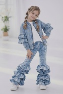 Komplet dziewczęcy Denim Style (efekt jeansu) z falbanami - bluza i spodnie