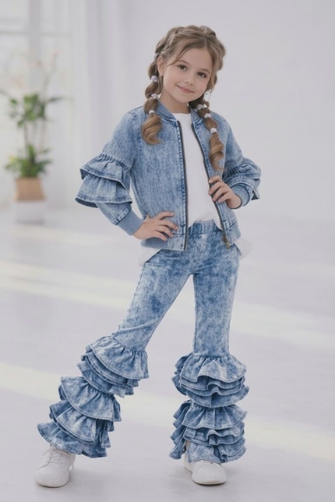 Komplet dziewczęcy Denim Style (efekt jeansu) z falbanami - bluza i spodnie