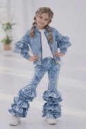 Komplet dziewczęcy Denim Style (efekt jeansu) z falbanami - bluza i spodnie