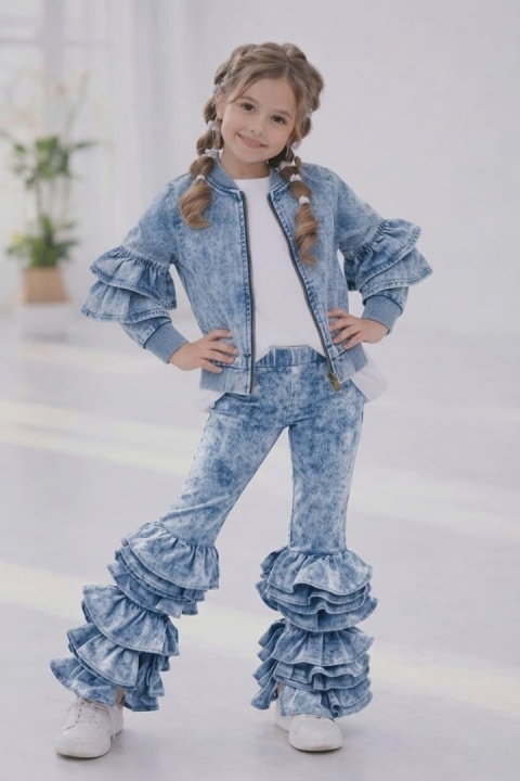 Komplet dziewczęcy Denim Style (efekt jeansu) z falbanami - bluza i spodnie