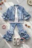 Komplet dziewczęcy Denim Style (efekt jeansu) z falbanami - bluza i spodnie