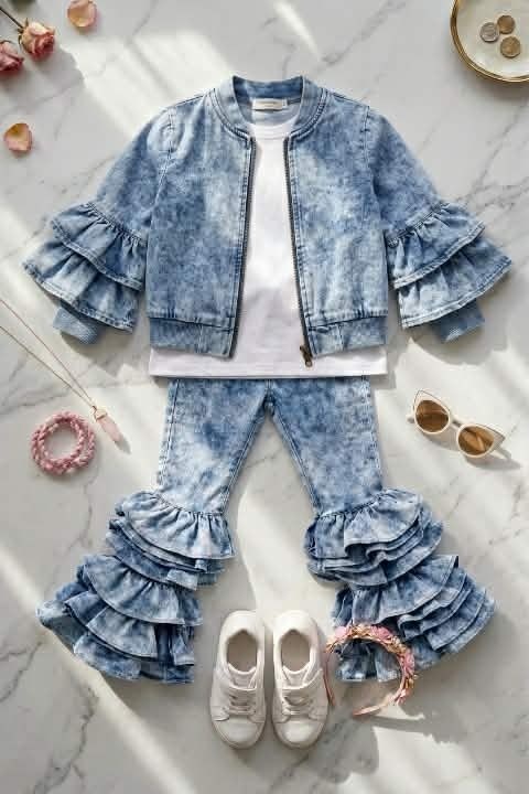 Komplet dziewczęcy Denim Style (efekt jeansu) z falbanami - bluza i spodnie