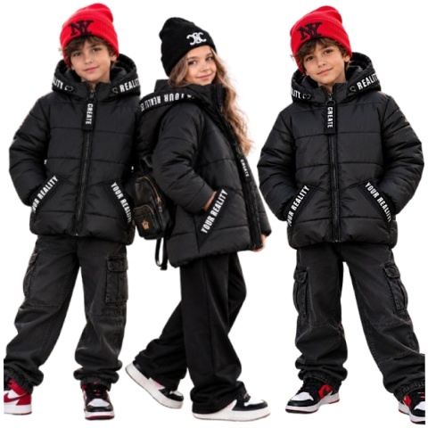 Kurtka zimowa pikowana unisex z ozdobnymi taśmami YOUR REALITY - czarna