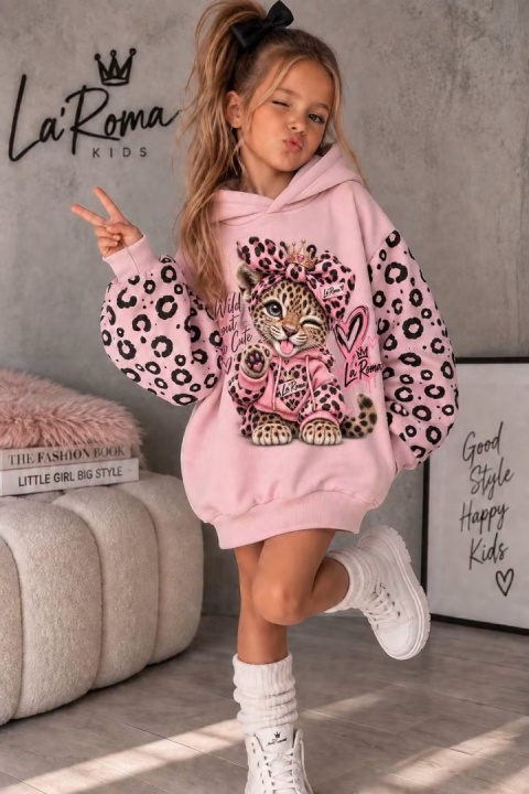 Sukienka dziewczęca tuba PINK WILD CAT – różowa z panterką