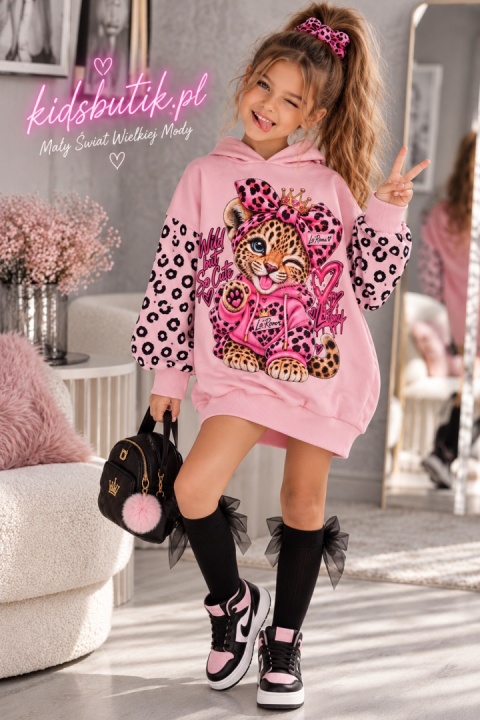 Sukienka dziewczęca tuba PINK WILD CAT – różowa z panterką