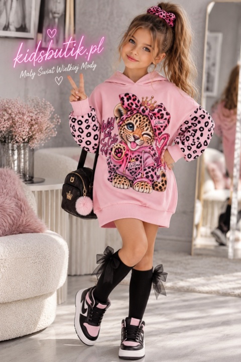 Sukienka dziewczęca tuba PINK WILD CAT – różowa z panterką